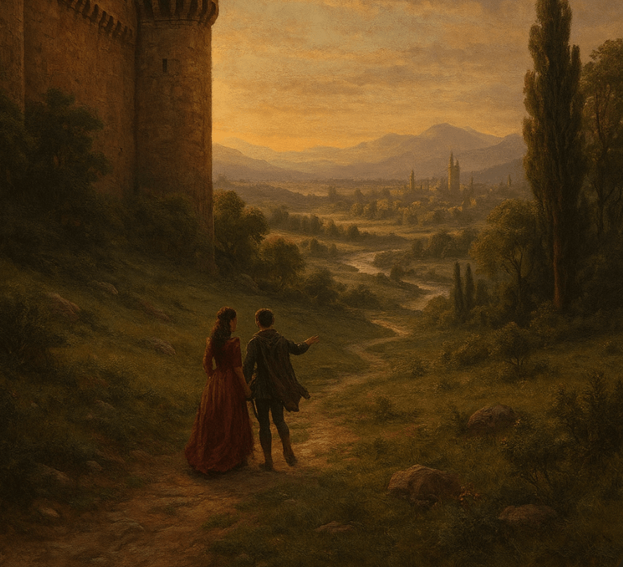 Oil painting of a couple in a valley looking toward a distant city at sunset, with a tall stone tower to the left
