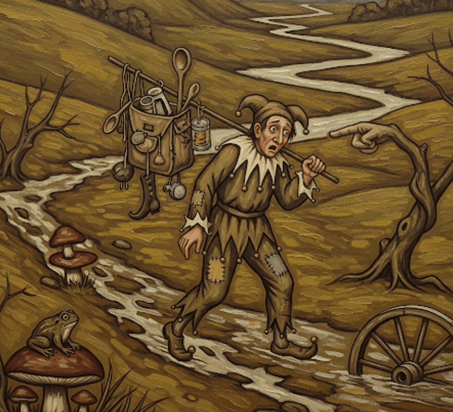 Illustration of a worried jester in tattered clothes carrying a heavy pack on a stick while walking along a winding path